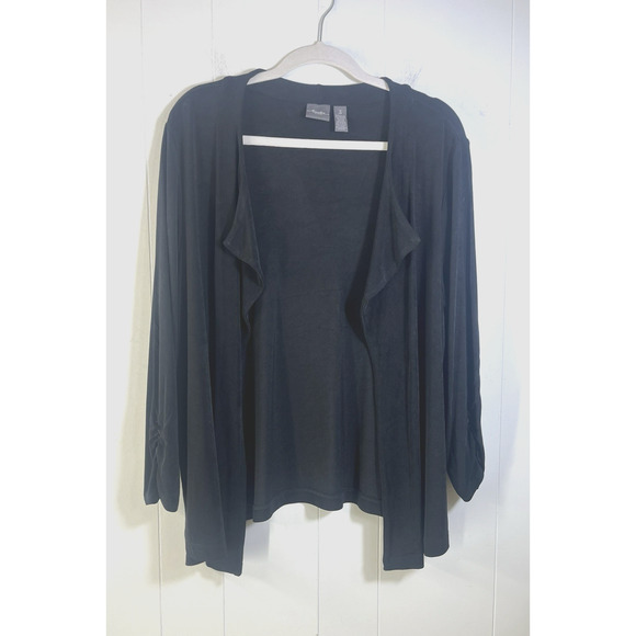 Chicos Travelers Open Front Cardigan Slinky Knit Ruched Size 3/XL Black USA - Picture 1 of 10